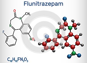 Flunitrazepam drug molecule. It has hypnotic, sedative, anxiolytic properties. Structural chemical formula and molecule model