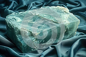 Fluorapophyllite crystal displayed on rich black velvet fabric with high detail and low key lighting photo