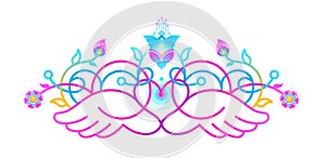 Fluorescence emblem with heart, wings, floral decoration