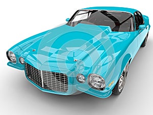 Fluorescent blue classic American vintage car - engine hood closeup shot