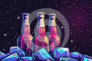 Fluorescent colors poster of cold beer bottles in ice