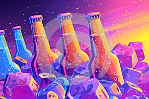 Fluorescent colors poster of cold beer bottles in ice