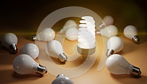 Fluorescent lamp shining and many old bulbs around. 3D rendered illustration