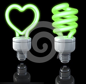 Fluorescent lamps, spiral shaped, heart shaped, green glow, 3d rendering on dark background
