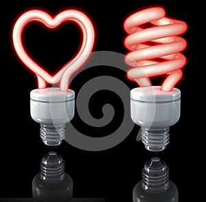 Fluorescent lamps, spiral shaped, heart shaped, red glow, 3d rendering on dark background