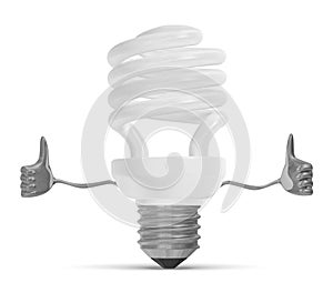 Fluorescent light bulb character giving thumbs up
