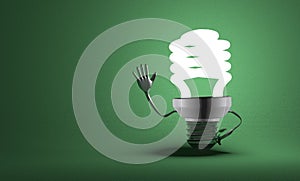 Fluorescent light bulb character waving hand