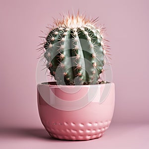 Fluorescent neon cactus on pastel pink background. Singular pastel pink cactus.