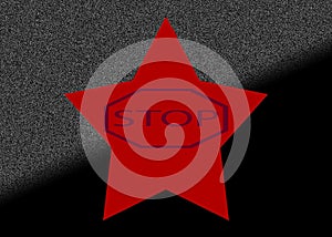 Fluorescent red five pointed pentagram star on black glittering background and a warning sign stop. Vector icon illustration.