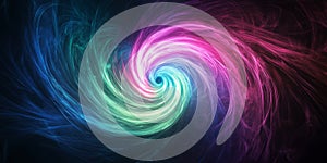 Fluorescent spirals radiating black background.