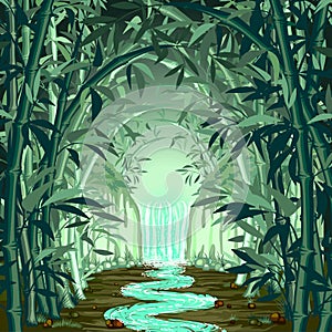 Fluorescent Waterfall on Surreal Bamboo Forest photo