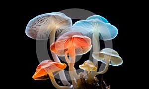 Glowing lit mushrooms standing in a small group photo