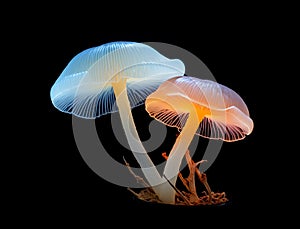 Two fluorescently lit mushrooms standing in a small group photo