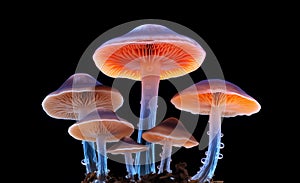 Fluorescently lit mushrooms standing in a small group photo