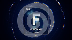 Fluorine as Element 9 of the Periodic Table 3D animation on blue background