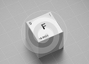 Fluorine element symbol, from periodic table on white cube on milimeter paper