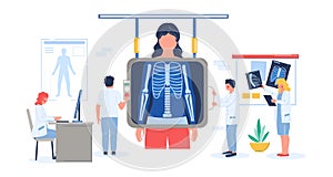 Fluorography exam or chest xray screening of patient female in hospital, flat vector illustration.
