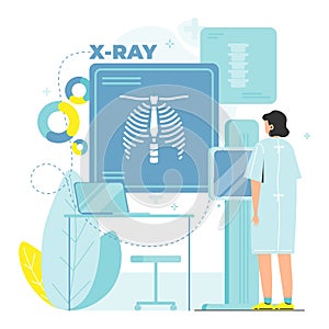 Fluorography exam of patient female. Chest xray scan, roentgen, chest radiography, lungs health vector illustration. photo
