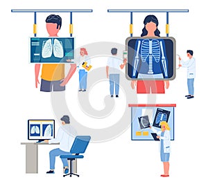 Fluorography lungs checkup procedure set, flat vector illustration. Doctor radiologist doing chest xray screening. photo