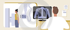 Fluorography office, x-ray scan of lungs, flat vector stock illustration with x-ray machine and scan of patient`s lungs at the