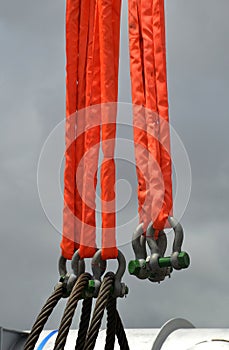 Fluro slings and U-Bolts suspended from a crane prior to a big lift