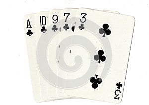 A flush poker hand of playing cards.