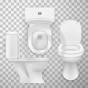 Flush toilet bowl  WC pan  water-closet realistic set. Side  front  top view