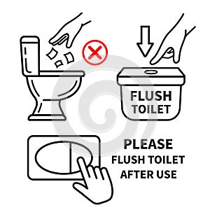 Flush water in toilet after use, do not throw trash paper in restroom bowl. Hand press button lavatory tank for cleaning line icon