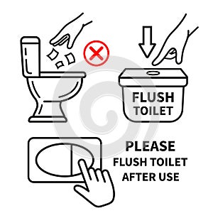 Flush water in toilet after use, do not throw trash paper in restroom bowl. Hand press button lavatory tank for cleaning line icon photo