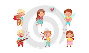 Flushed Boy and Girl Character Feeling Love and Affection Giving Heart and Valentine Vector Set