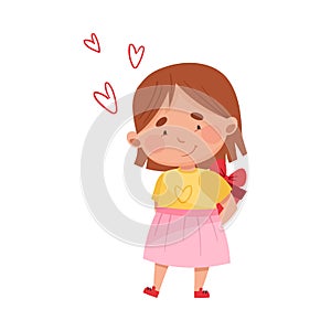 Flushed Girl Character Holding Gift Box Behind Her Back Vector Illustration