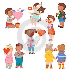 Flushed and Shy Little Boy and Girl Holding Hands and Heart Feeling Love Vector Illustration Set