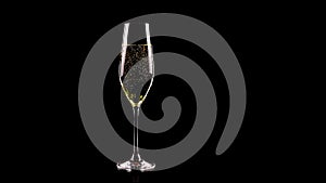 Flute of champagne with golden bubbles against black background