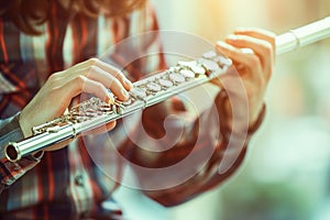 Flute Lessons: In a bright classroom, a student learns embouchure and fingerings, creating melodious tunes on a gleaming flute.