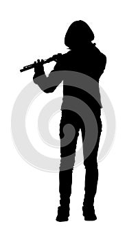 Flute music playing flutist musician performer with musical instrument, vector silhouette.