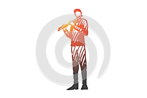 Flute, musician, man, instrument, play concept. Hand drawn isolated vector.