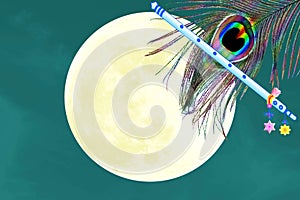 flute and peacock feather over moon background