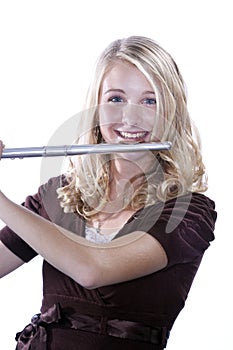Flute Player Teenage Girl on White