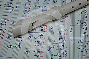 A flute on top of a sheet with music written on it