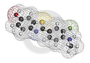 Flutemetamol (18F) PET tracer molecule. Used to diagnose Alzheimer\'s disease. Atoms are represented as spheres with conventional photo
