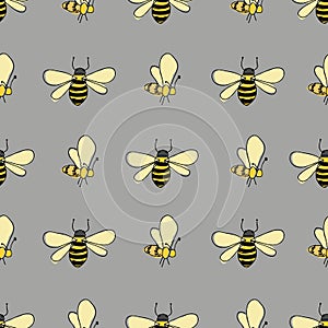 Flutter bees in lines on gray background seamless vector pattern
