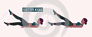 Flutter Kicks exercise, Woman workout fitness, aerobic and exercises. Vector Illustration.