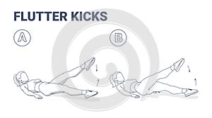 Flutter Kicks or Lying Scissors Exercise Fitness Girl Home Workout Guidance Vector Illustration.