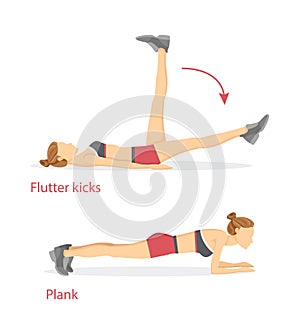 Flutter Kicks and Plank Set Vector Illustration