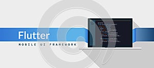 Flutter UI Framework Dart programming language with script code on laptop screen, programming language code illustration