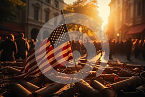 Fluttering American flag against backdrop huge crowd of people marching along a city street. The Stars and Stripes