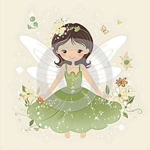 Fluttering fairy enchantment, vibrant illustration of cute fairies with colorful wings and enchanting flower accents