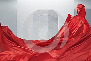 Fluttering red silk textile isolated over abstract white background