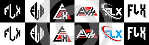 FLX letter logo design in six style. FLX polygon, circle, triangle, hexagon, flat and simple style with black and white color photo
