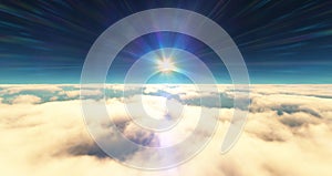 fly above clouds sunset landscape 3d render